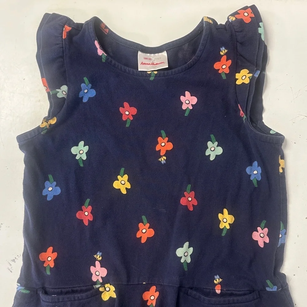 Hanna Andersson Pocket Flutter Sleeve Flower Dress Navy 6/7